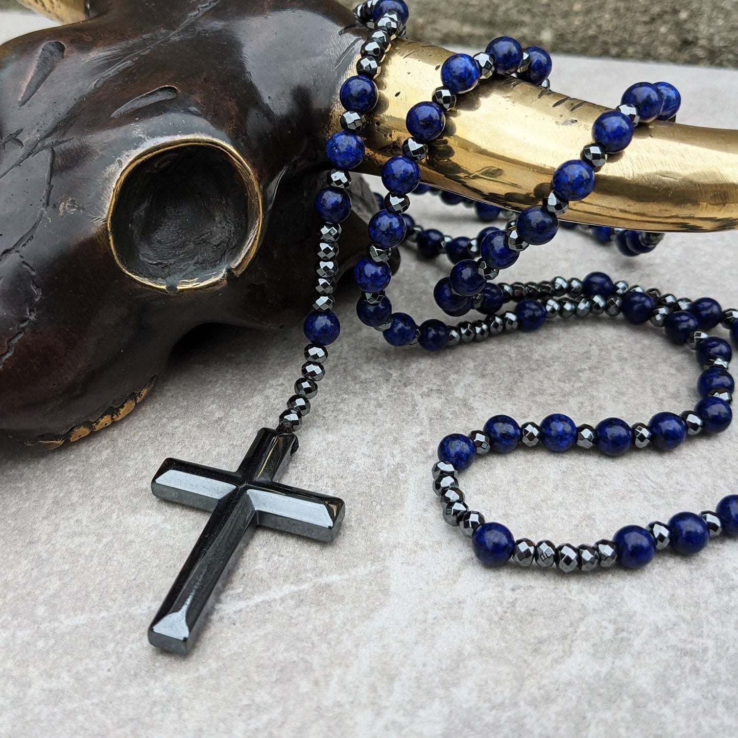 Mannen Rozenkrans Tijgeroog Lapislazuli Edelsteen Hanger