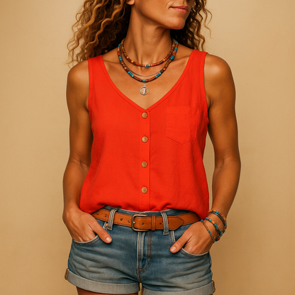 Lunira Dames Top V-Hals Zakken Zomerse Casual Look