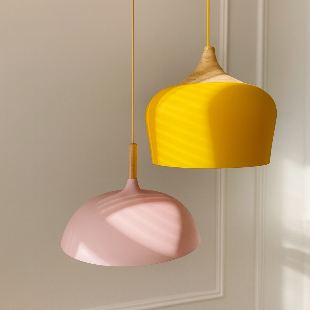 Retro Pendellamp Houten Armatuur Pastelkleurig Metalen Kap - Velinix