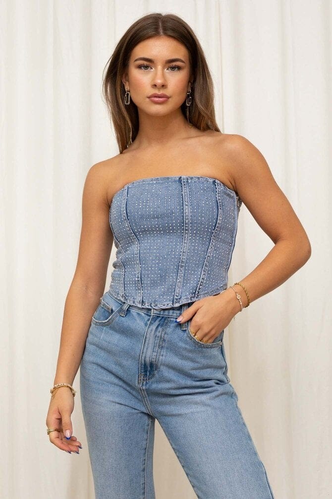 Glitter Top Denim Jurk met Strass Steentjes