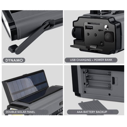 Noodradio met Dynamo, Zonnepanelen en Powerbank Zaklamp