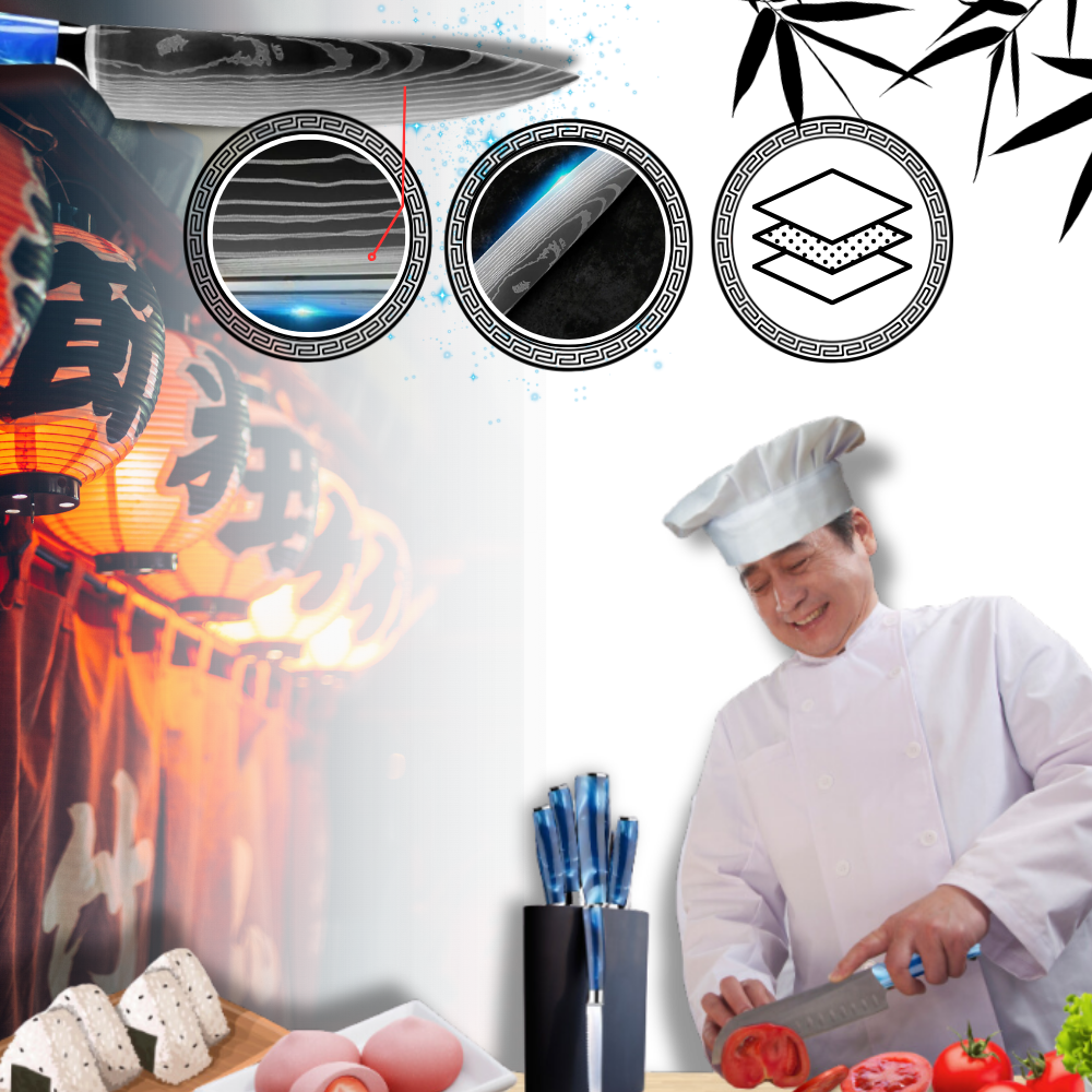 Japanse Keukenmessen Blauw Geslepen Damaststaal